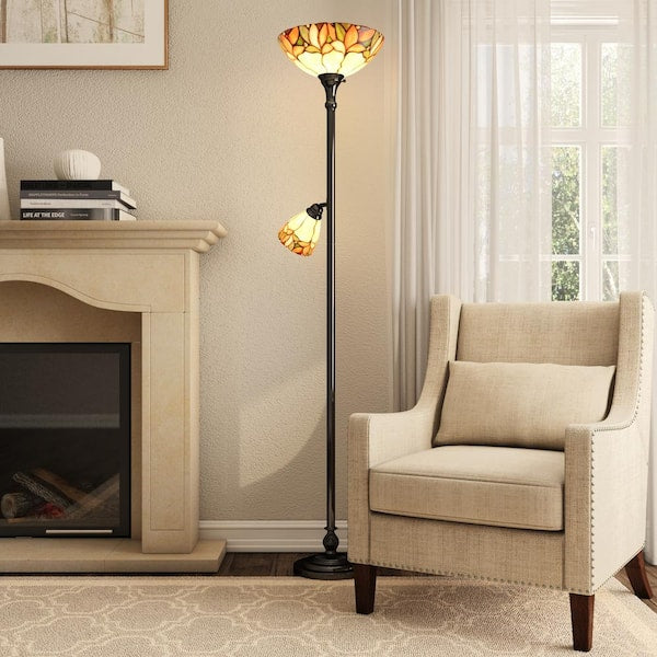 Crystal Leaf Collection 69.75 in. Antique Bronze Torchiere with Side Light