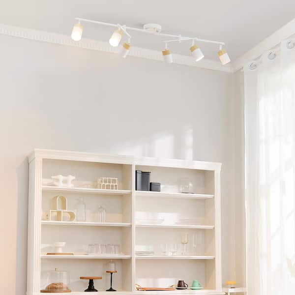 3.5 ft. Matte White and Faux Wood Hard Wired Ceiling Mounted Track Lighting Kit with Step Heads