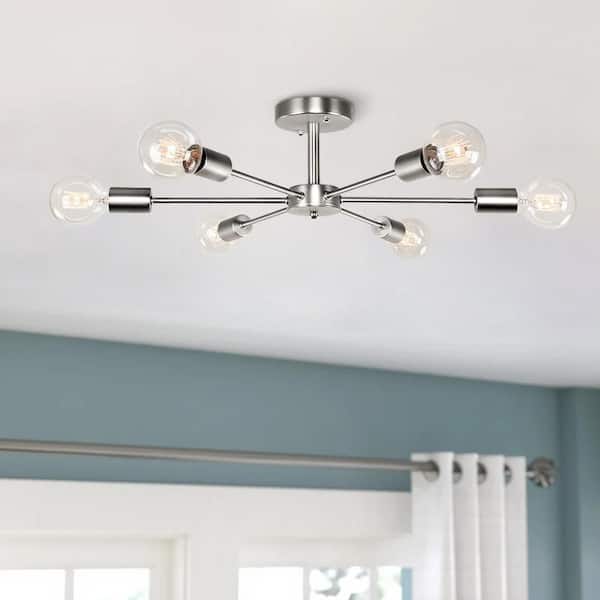 Gallman 23.62 in. 6-Light Nickle Mid-Century Pendant Ceiling Light Sputnik Semi-Flush Mount