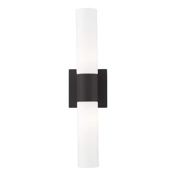 Aspen 2 Light Textured Black ADA Wall Sconce with Hand Blown Satin Opal White Twist Lock Glass