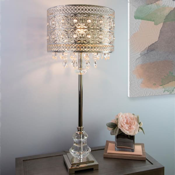 Brielle 28.75 in. Silver Table Lamp with Polished Nickel and Crystal Shade