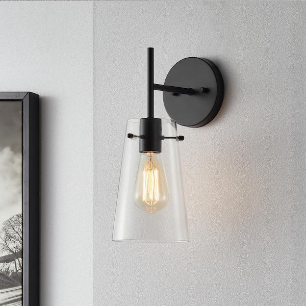1-Light Blackened Bronze Armed Wall Sconce with Clear Glass Shade