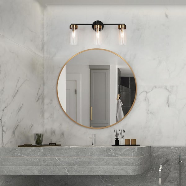 21.5 in. Modern 3-Light Black Bathroom Vanity Light, Cylinder Brass Gold Bath Lighting with Clear Glass Shade