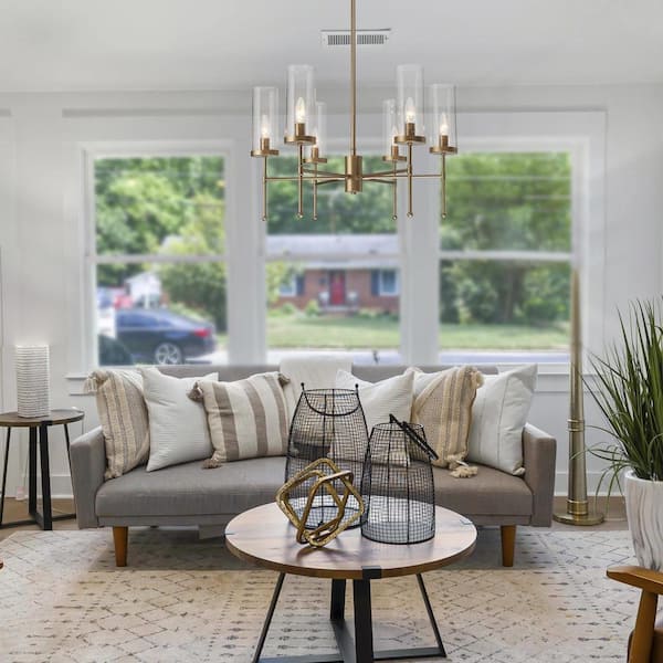 Modern Satin Gold Island Chandelier 6-Light Transitional Candlestick Linear Chandelier with Seeded Glass Shades