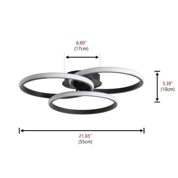 21.65 in. 3-Light Modern Black 40-Watt LED Semi-Flush Mount 3 Rings Circle Close to Ceiling Light Fixture