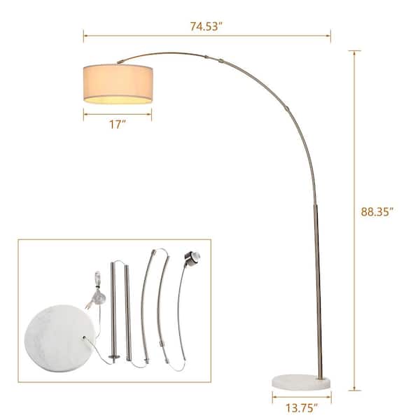 88 in. H Brushed Nickle Reading Silver Arc Floor Lamp with 2-Linen Drum Shade and Marble Base, Perfect for Living Room