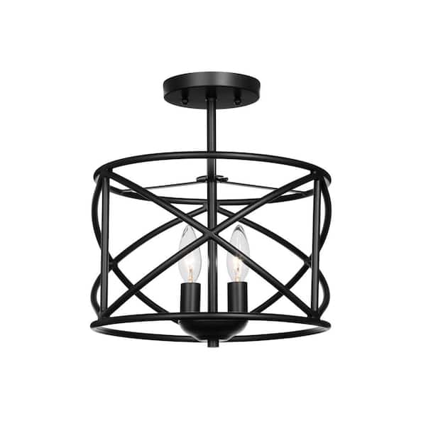 Hastings 13.5 in. 2-Light Satin Bronze Industrial Caged Drum Ceiling Semi Flush Mount Light