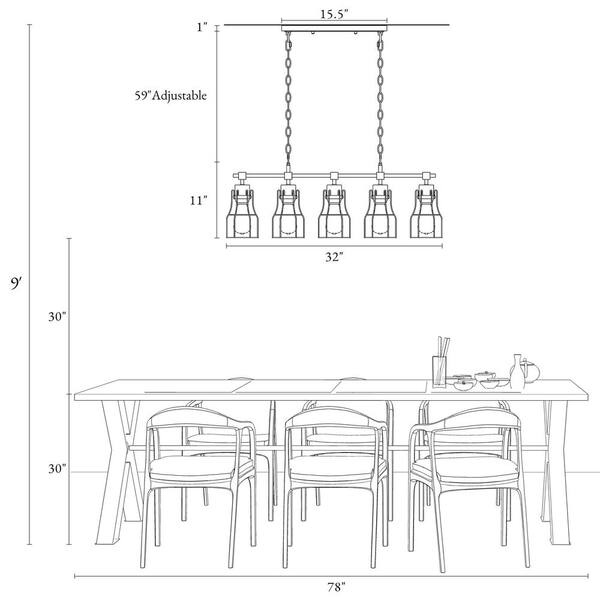 Modern Industrial Black Island Chandelier 5-Light Linear Large Hanging Pendant light with Geometric Metal Cage Shades