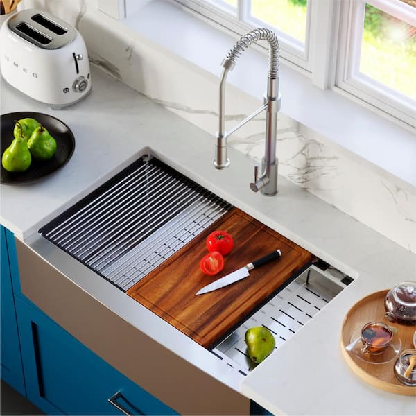 All-in-One Stainless Steel 33 in. Single Bowl Apron-Front Farmhouse Workstation Kitchen Sink with Faucet and Accessories