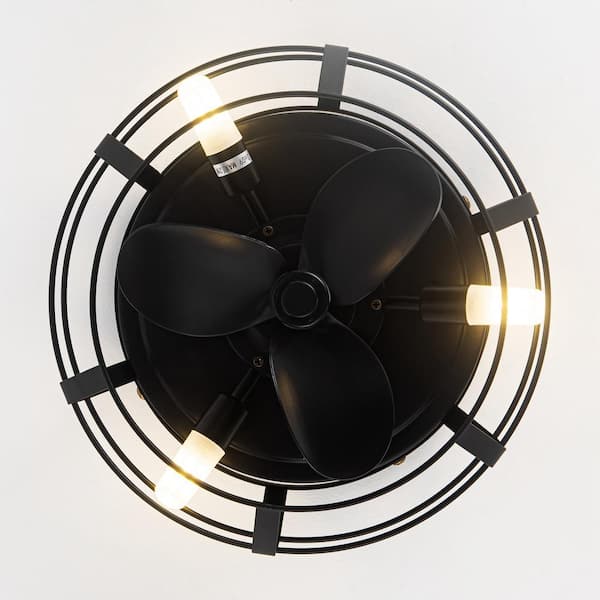 12.2 in. Modern Caged Flush Mount Black Ceiling Fan with Light and Remote Control