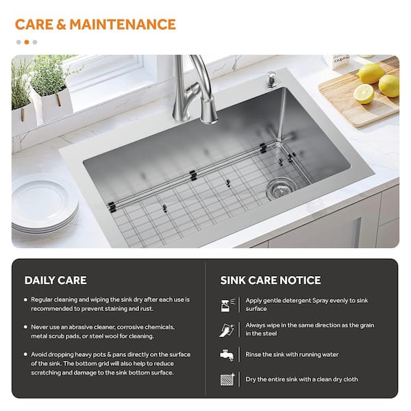 AIO Dolancourt Tight Radius Drop-In/Undermount 18G Stainless Steel 33 in. Single Bowl Kitchen Sink with Pull-Down Faucet