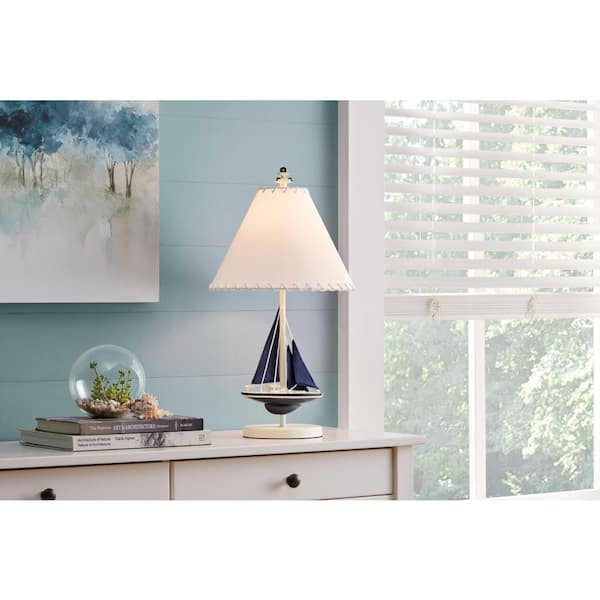 Bayside 22 in. 1-Light White and Blue Sailboat Indoor Table Lamp with Fabric Lamp Shade