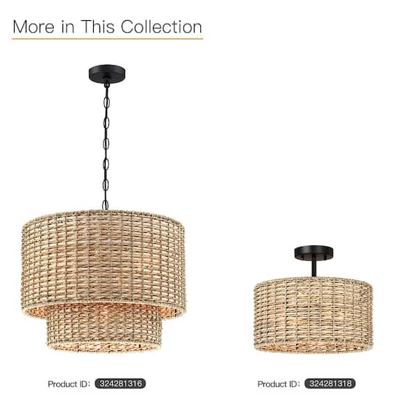 Seymour 20 in. 4-Light Black Canopy Natural Rattan Tiered Drum Pendant Chandelier Light