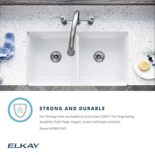 Burnham White Fireclay 33 in. Double Bowl Farmhouse Apron Kitchen Sink