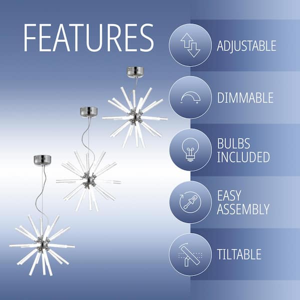 Soyuz 19.5 in. Chrome/Clear Adjustable Integrated LED Starburst Metal/Acrylic Pendant