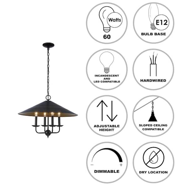 4-Light Black and Gold Chandelier Light Fixture with Metal Shade