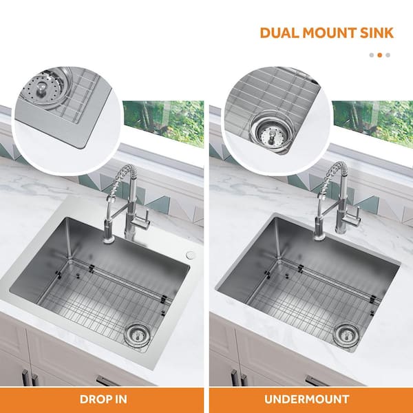 All-in-One Tight Radius Drop-In/Undermount 18G Stainless Steel 25 in. Single Bowl Kitchen Sink with Spring Neck Faucet