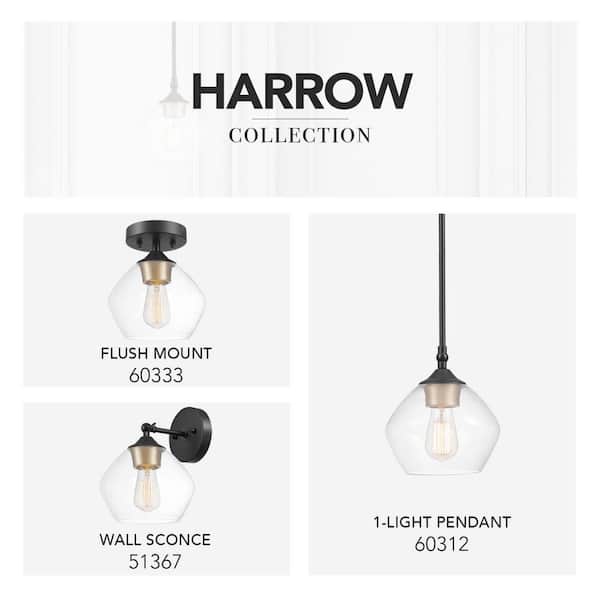Harrow 1-Light Matte Black Semi-Flush Mount Ceiling Light with Gold Accent Socket and Clear Glass Shade
