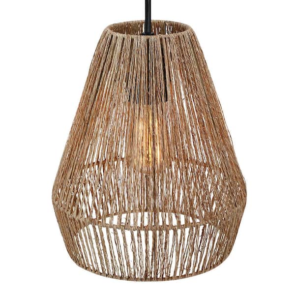 1-Light Bohemian Natural Jute Rope Island Mini Pendant Light with Black Hardware