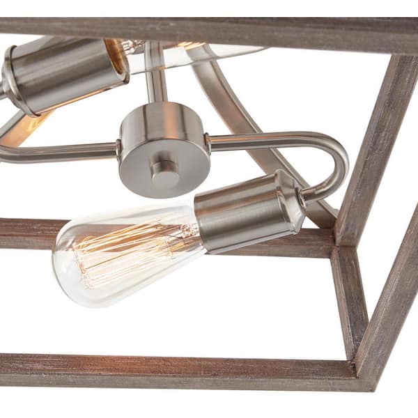 Boswell Quarter 12-1/2 in. 2-Light Brushed Nickel Farmhouse Semi-Flush Mount with Painted Weathered Gray Wood Accents