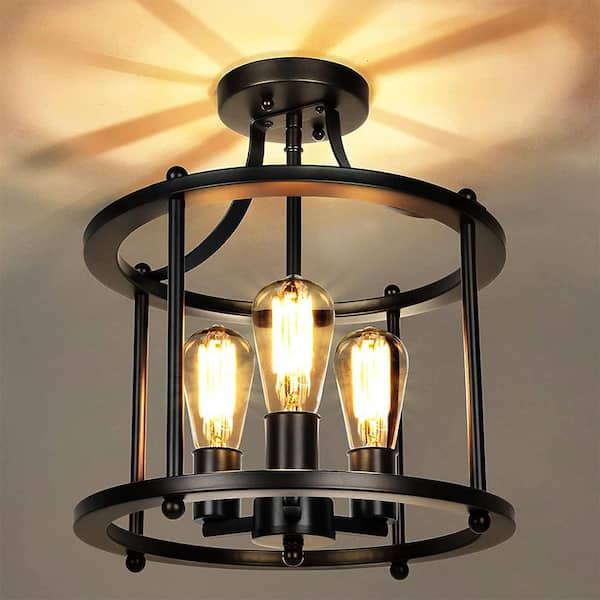 3-Light Black Farmhouse Semi Flush Mount Ceiling Light Fixture, Vintage Ceiling Mount  for Dining Room Hallway Entryway