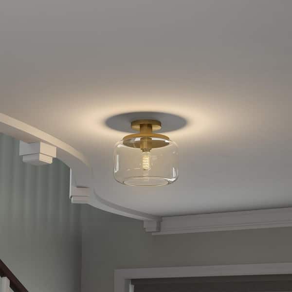 Tatum 11 in. Brushed Brass and Clear Semi Flush Mount with Glass Shade
