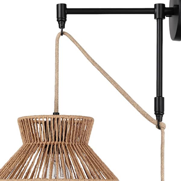 Ariel 10 in. W 1-Light Bohemian Plug-in Wall Sconce, Bedside Reading Lamp with Seagrass Shade, and Woven Rope Accent