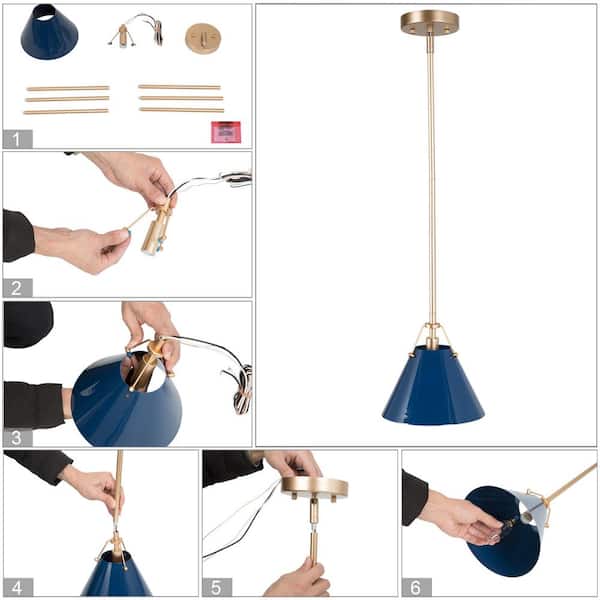Modern Coastal Blue Mini Gold Pendant Light 0.7 ft. 1-Light Industrial Farmhouse Island Chandelier with Navy Blue Shade
