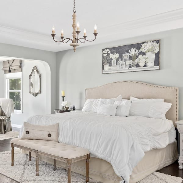 Wood Candle Chandelier 5-Light Weathered White Dining Room Chandelier Bronze Rustic Chandelier with French Country Style