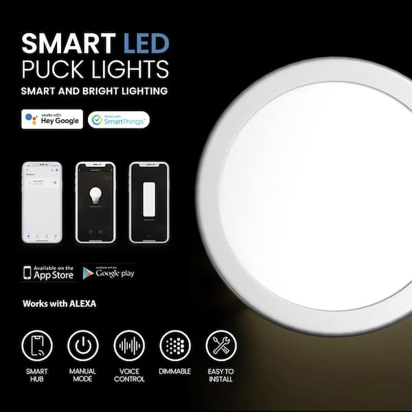 White Smart Dimmable LED Puck Lights Compatible with Alexa, Google Warm White (3000K) (6-Pack)