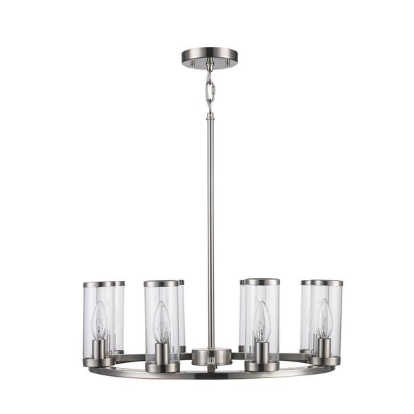 Loveland 8-Light Brushed Nickel Wagon Wheel Chandelier Light Fixture with Clear Glass Shades