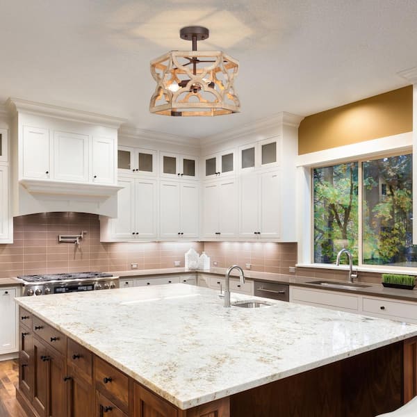 Farmhouse Hexagon Antique Wood Semi-Flush Mount, Geometric 3-Light Brown Kitchen Ceiling Light with Rusty Metal Accents