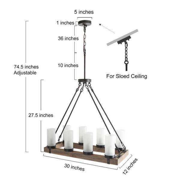 Brown Rectangular Chandelier, Farmhouse Wood 8-Light Black Dining Room Chandelier with Cylindrical Frosted Glass Shades
