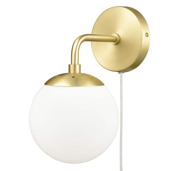 Greta 4.75 in. Brushed Brass/White Globe Plug-In Wall Sconce with Glass Shade