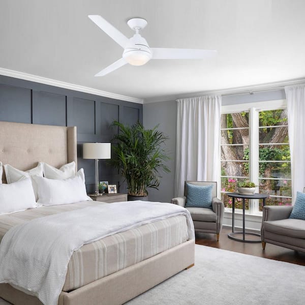52 in. Indoor Integrated LED Satin White 3-Blade Downrod Mount Ceiling Fan with Light and 4 Speed Wall Control
