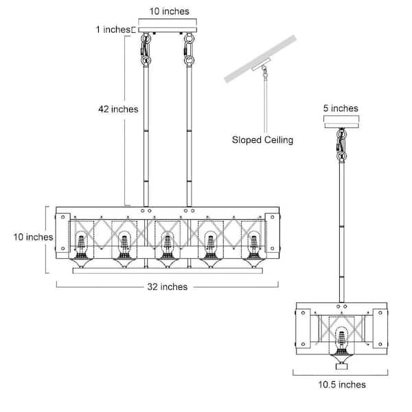 Modern Farmhouse Chandelier 32 in. W Black Rectangular Dining Room Chandelier, 5-Light Kitchen Island Wood Pendant Light