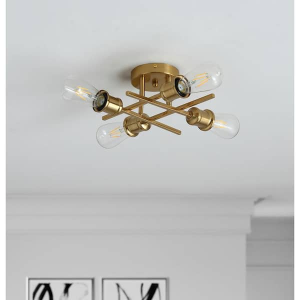 Modern 11 in. 4-Light Gold Sputnik Linear Farmhouse Semi-Flush Mount Ceiling Lighting Fixture