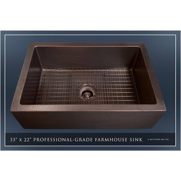 Luxury Dark Patina 12-Gauge Copper 33 in. Single Bowl Farmhouse Apron Kitchen Sink with Accs and Flat Front