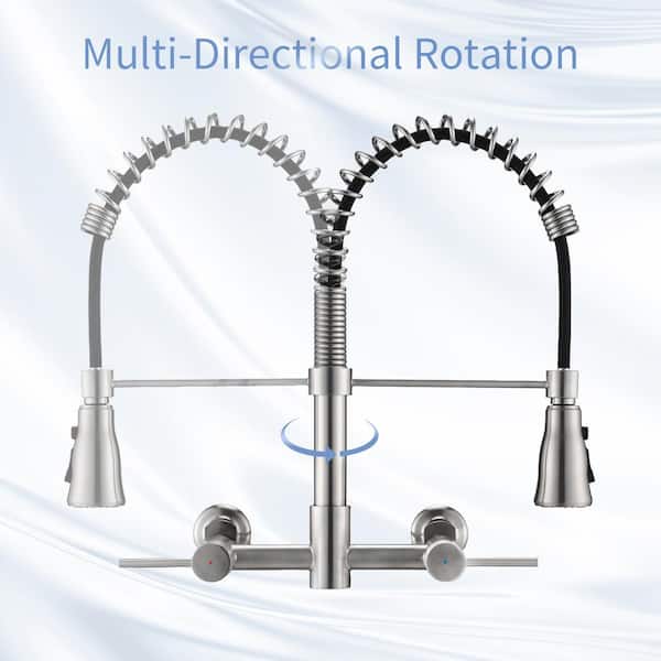 Double-Handle Wall Mounted Bridge Kitchen Faucet with Pull-Down Sprayer Head in Brushed Nickel