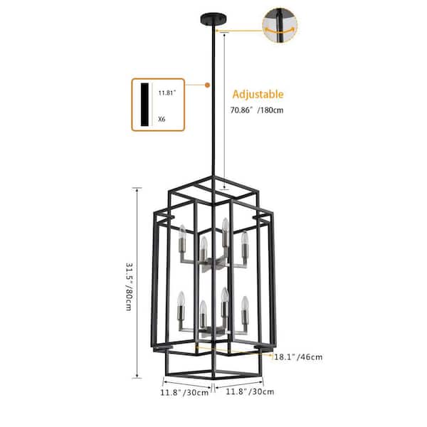 8-Light Black Industrial Candle Style Rectangle Chandelier Kitchen Island Hanging Lights