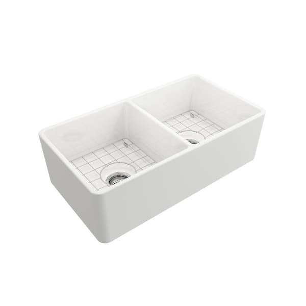 Farmhouse Apron-Front Fireclay 33 in. Double Bowl Kitchen Sink in White with Bottom Grid