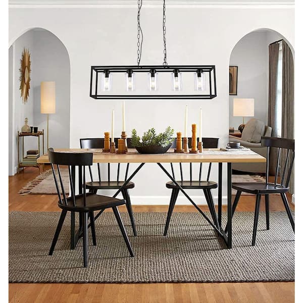 5-Light Black Dining Room Chandelier Hanging Light Fixture Modern Kitchen Island Bar Linear Lighting with Glass Shade