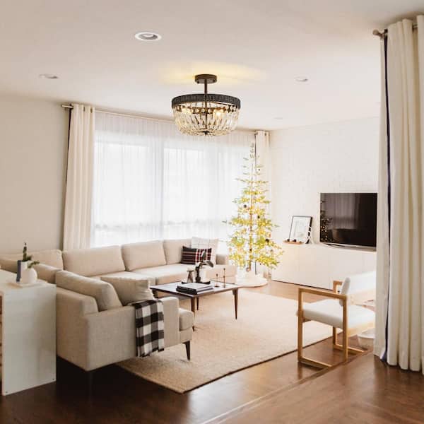 14 in. 3-Light Brushed Black Semi Flush Mount Crystal Chandelier Ceiling Light Fixture, No Bulbs Included