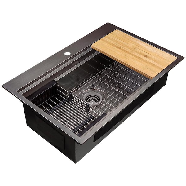 All-in-One Matte Black Stainless Steel 33 in. x 22 in. Single Bowl Drop-in Kitchen Sink with Pull-down Faucet
