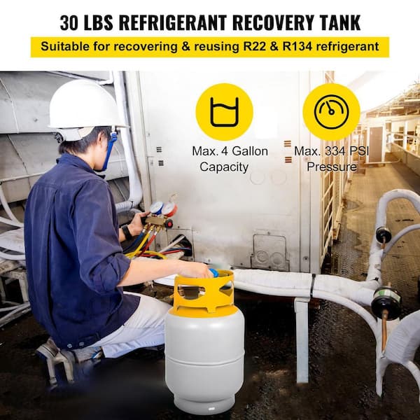 Refrigerant Recovery Tank 30 lbs. Capacity Refrigerant Recycling Machine Double Y-Valve Collar Liquid/Vapor 1/4 SAE