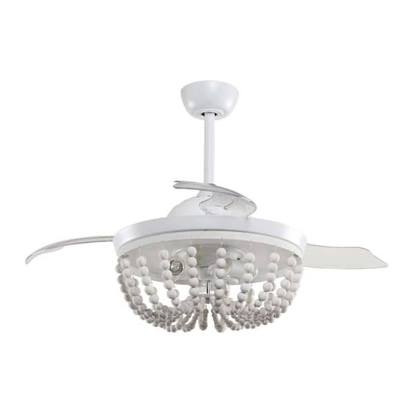 Huang 42 in. Wooden Beads Retractable 3-Blade White Ceiling Fan Chandelier with Remote Control and Light Kit
