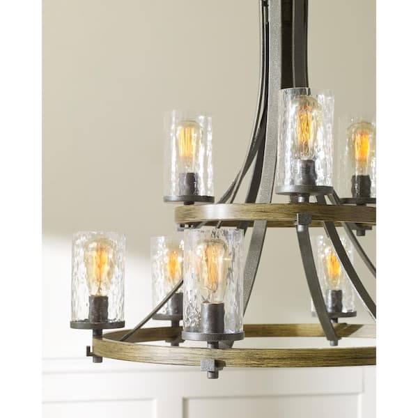 Angelo 9-Light Distressed Weathered Oak / Slate Grey Metal Rustic Farmhouse Wagon Wheel Chandelier with Clear Wavy Glass