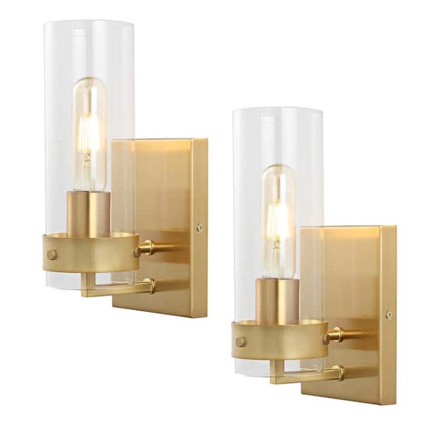 Harper 4.5 in. 1-Light Brass Gold/Clear Coastal Minimalist Iron/Glass LED Sconce (Set of 2)