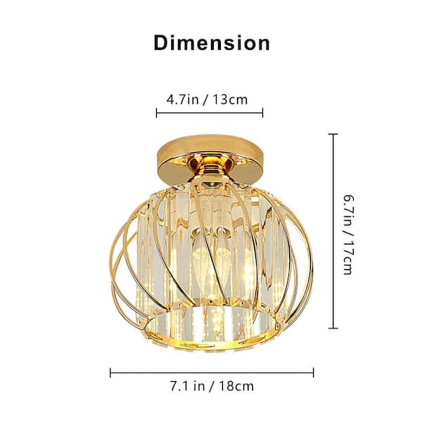 7.09 in. 1-Light Modern Gold Semi Flush Mount Ceiling Light Fixture with Clear Crystal Accents