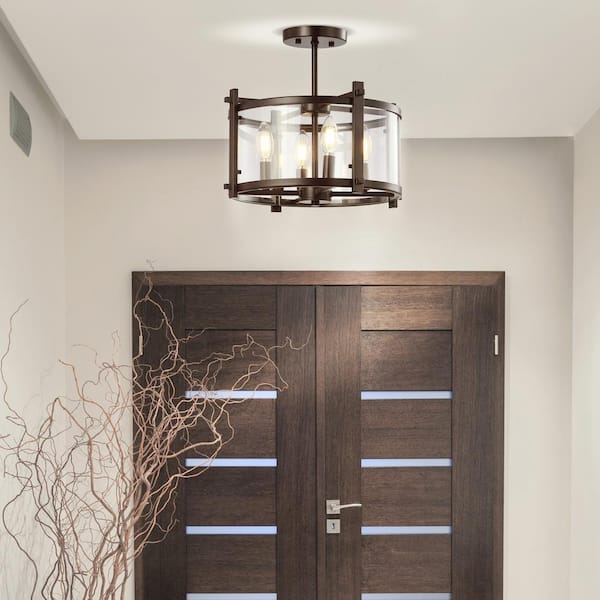 Hampdon 15 in. Oil Rubbed Bronze Iron/Glass Modern Drum LED Flush Mount